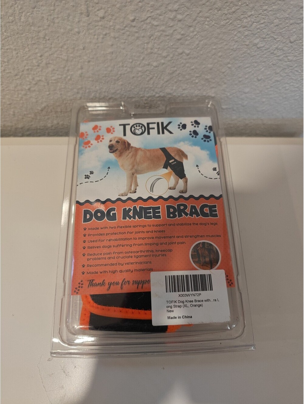 TOFIK Dog Knee Brace with Adjustable Strap - Orange, Medium